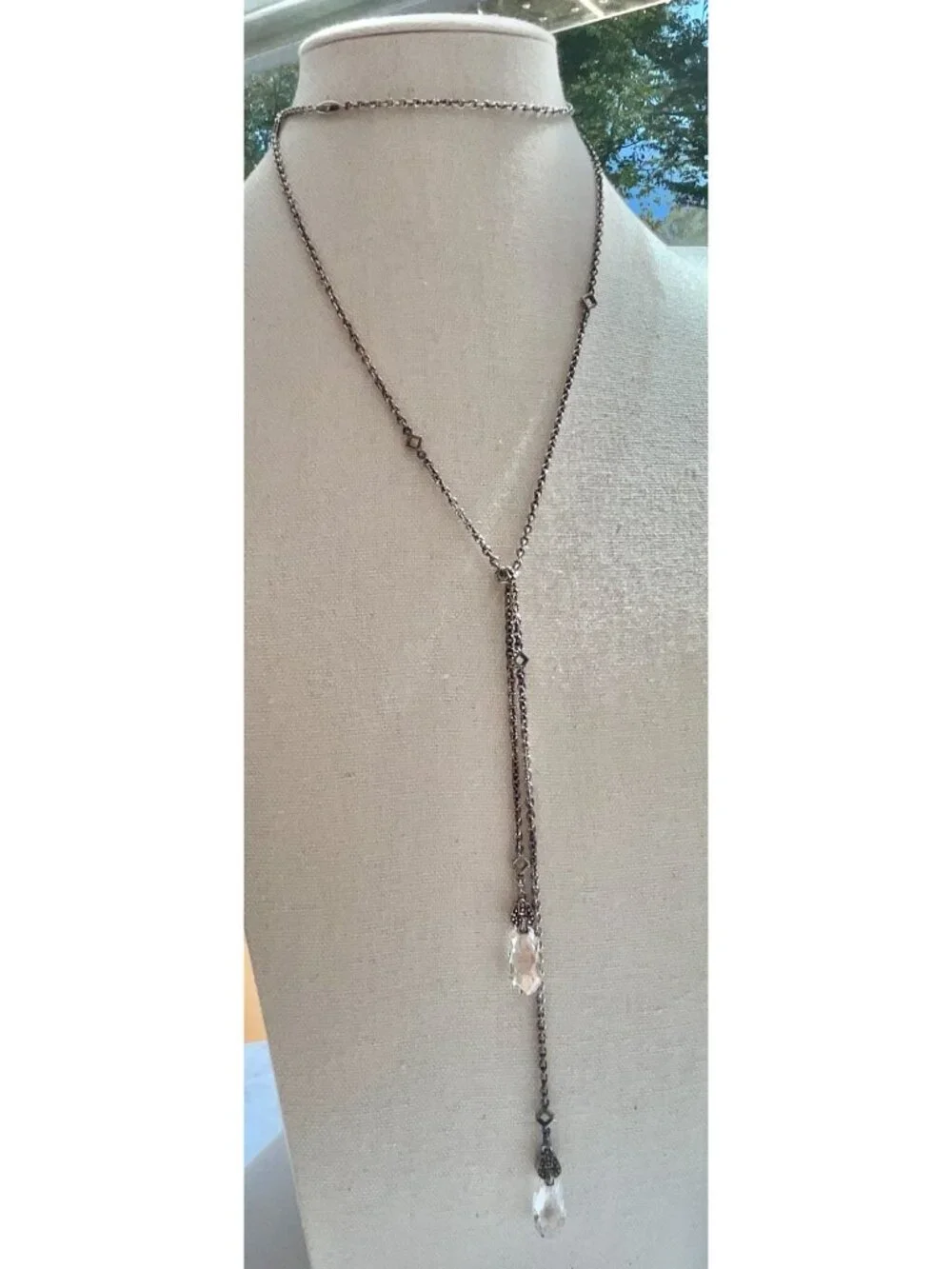 Lagos 750 & Sterling Silver Lariat Necklace With Clear Briolette Stones & Checke